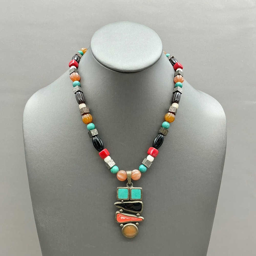 Chico's Beaded Pendant Necklace Women Multicolor Southwestern Boho Enamel
